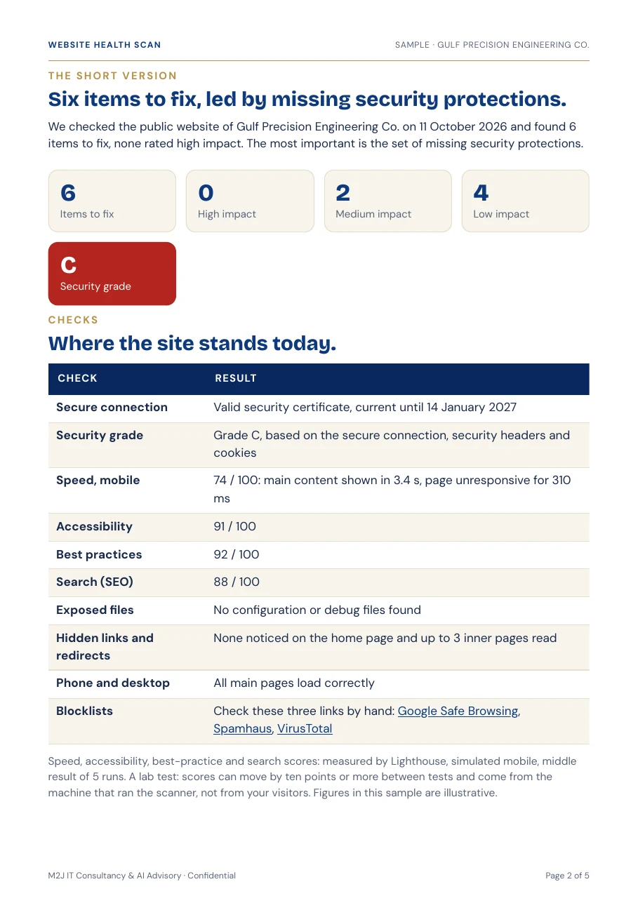Sample Website Health Scan report, summary page, for a fictional company