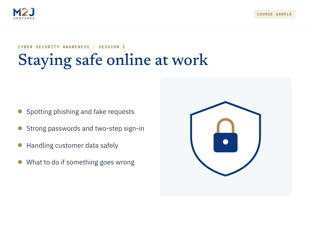 Sample course slide: cyber security awareness, staying safe online at work