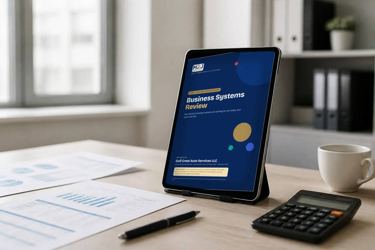Sample Business Systems Review report shown on a tablet