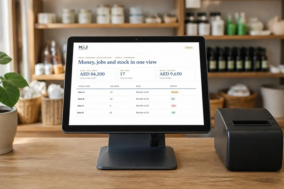 Sample small business dashboard of money, jobs and stock shown on a shop till