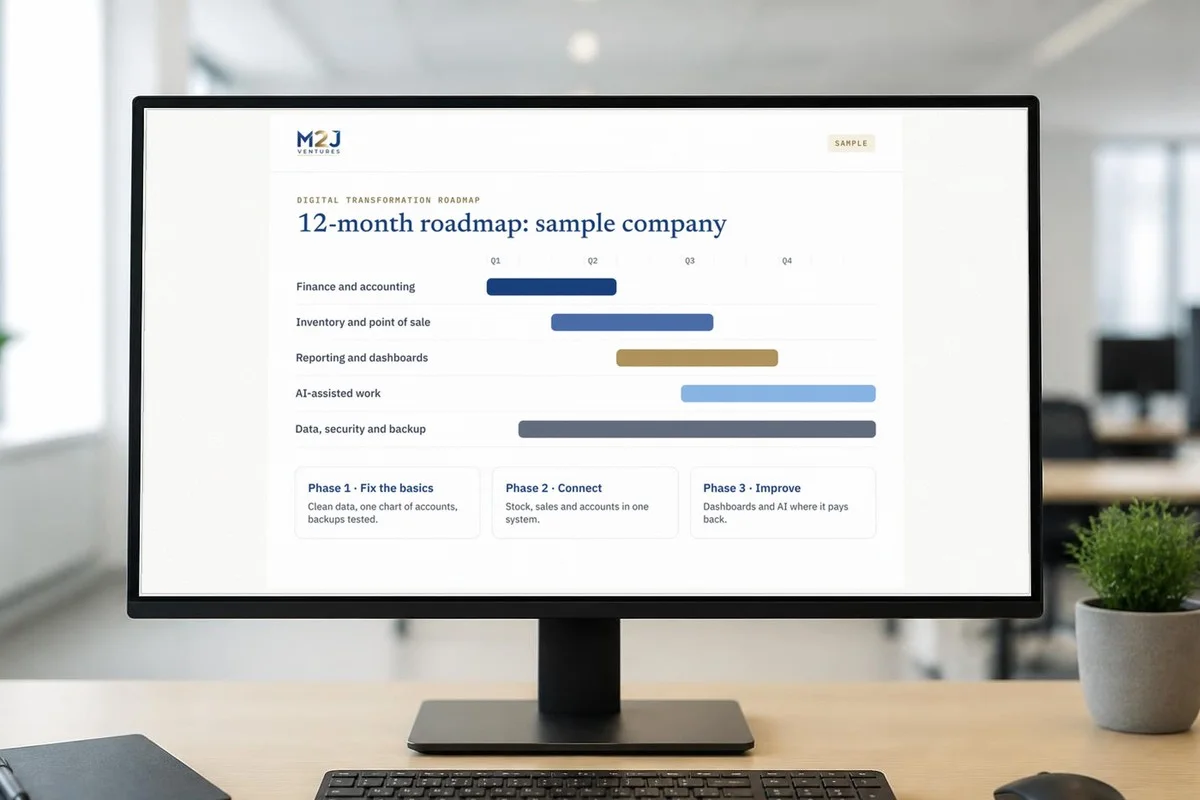 Sample 12-month digital transformation roadmap shown on a desktop screen