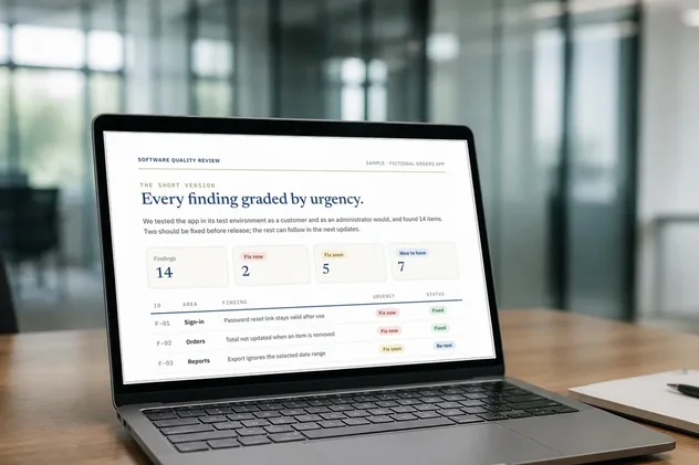 Sample Software Quality Review page, findings graded by urgency, shown on a laptop